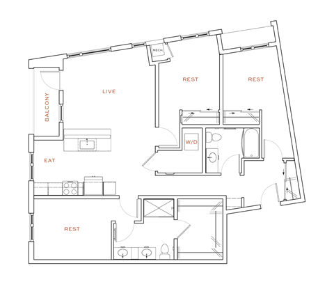 Floor plan for 3 beds, 2 baths, 1298 sqft
